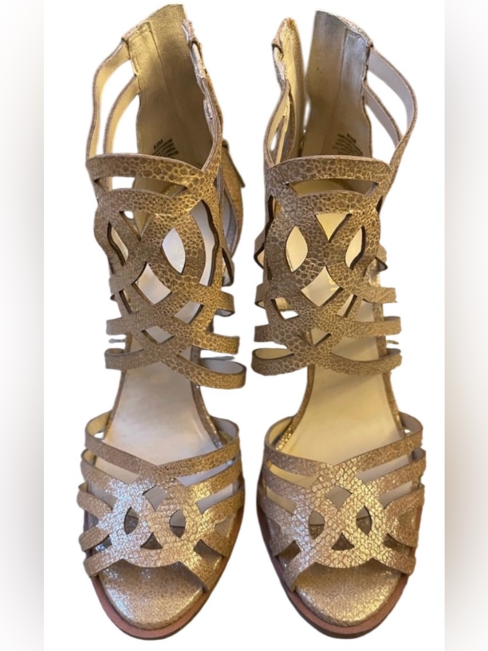 💃🏻🪩Metallic Gold Cage Strappy Stiletto Sandals by Nine West 8M🌟